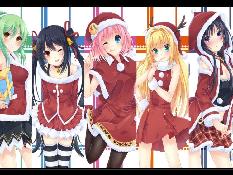 christmas, Anime, Girls, Santa, Outfit, Striped, Legwear HD Wallpaper Desktop Background