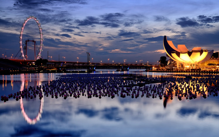 singapore, Amusement, Park, Hdr, Night, Lights, Architecture, Buildings, Water, Marina, Reflection, Sky, Clouds HD Wallpaper Desktop Background