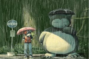 pokemon, Rain, Totoro, Parody, Snorlax, Bus, Stop, Umbrellas