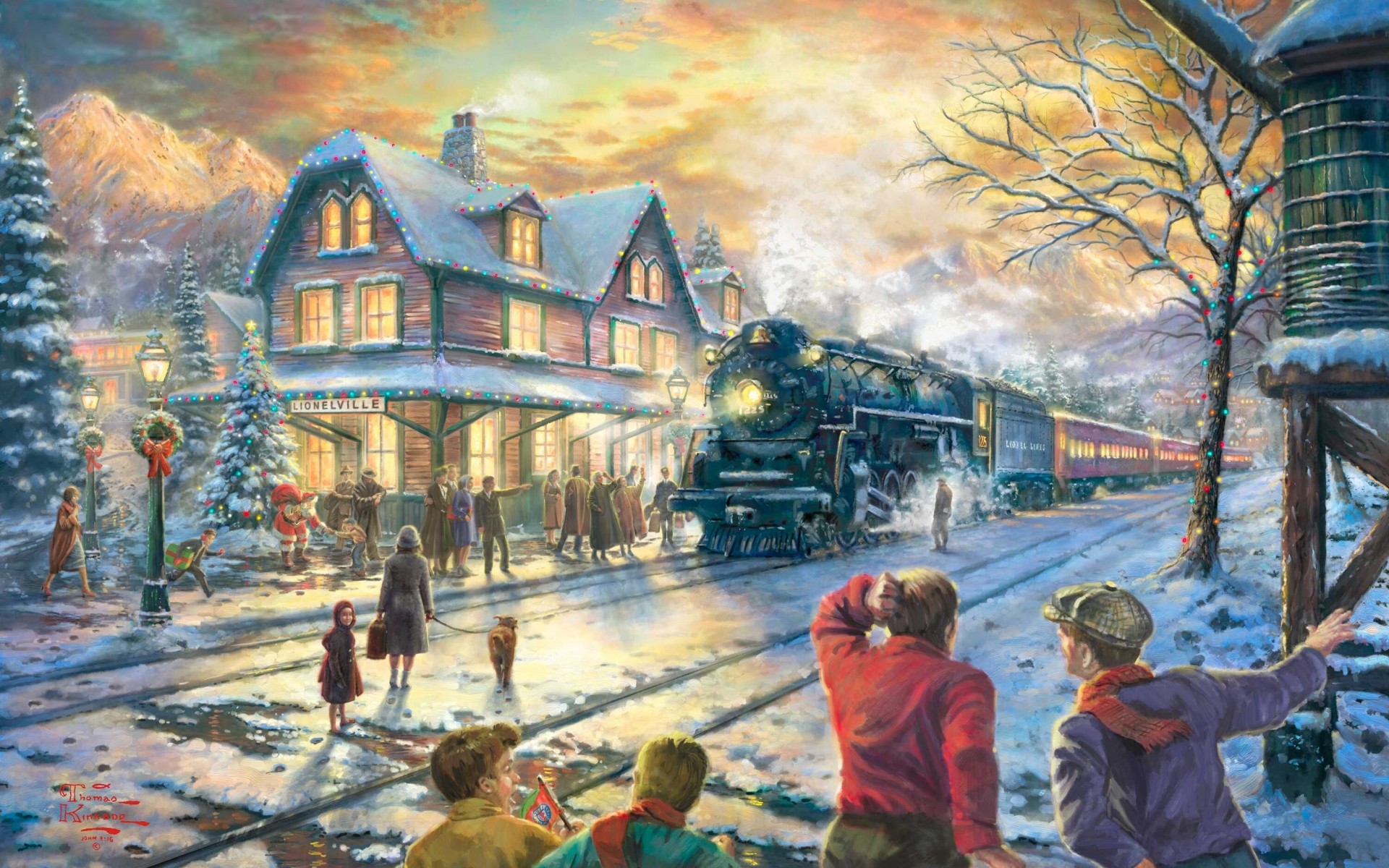 all, Aboard, For, Christmas, Thomas, Kinkade, Holidays, Christmas, Winter, Snow, Seasons, Trains, Tracks, People, Houses, Rustic, Art Wallpaper