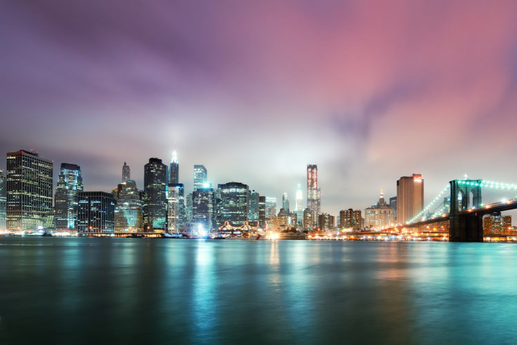 nyc, Brooklyn, Bridge, New, York, World, Architecture, Cities, Skyline, Cityscape, Rivers, Water, Reflection, Night, Buildings, Skyscraper, Lights, Window, Sky, Clouds, Hdr HD Wallpaper Desktop Background