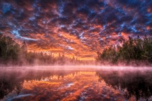 nature, Landscapes, Lakes, Water, Reflection, Fog, Trees, Forest, Sky, Clouds, Sunset, Sunrise, Color, Hdr