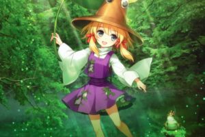 blondes, Green, Water, Video, Games, Nature, Touhou, Trees, Dress, Animals, Leaves, Skirts, Green, Eyes, Short, Hair, Frogs, Sunlight, Twintails, Moriya, Suwako, Smiling, Bows, Open, Mouth, Crows, Purple, Dress,