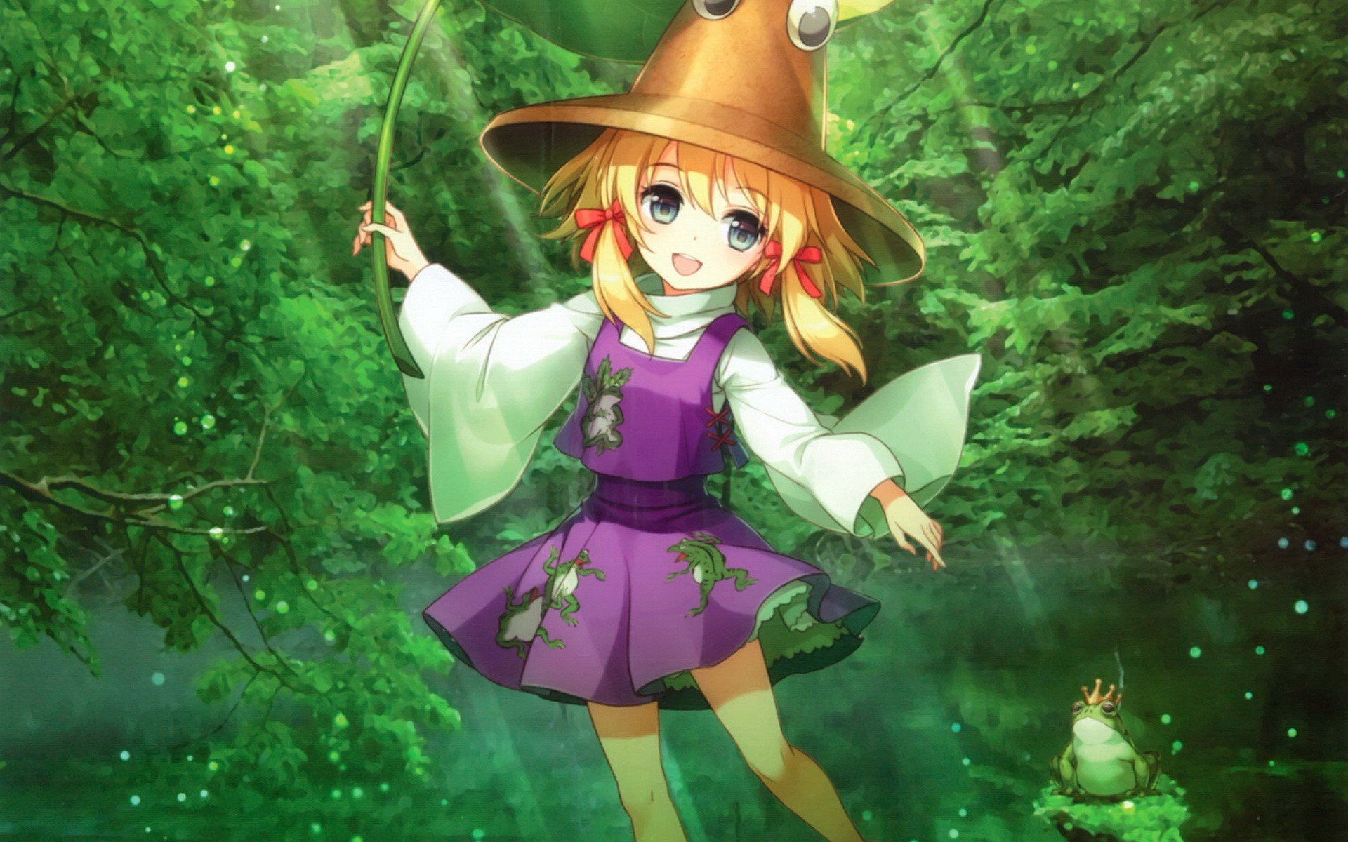blondes, Green, Water, Video, Games, Nature, Touhou, Trees, Dress, Animals, Leaves, Skirts, Green, Eyes, Short, Hair, Frogs, Sunlight, Twintails, Moriya, Suwako, Smiling, Bows, Open, Mouth, Crows, Purple, Dress, Wallpaper