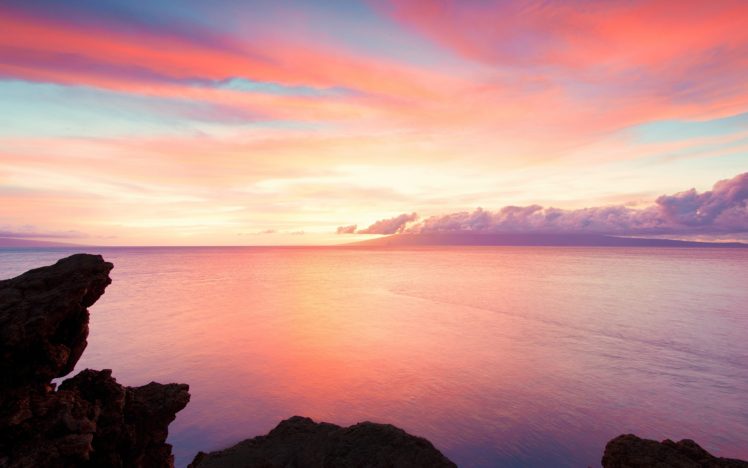 sunset, Landscapes, Nature, Coast, Rocks, Hawaii, Usa, Calm, Sea HD Wallpaper Desktop Background