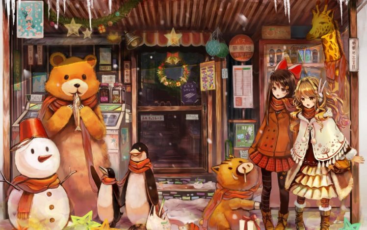 girls, Art, Anime, New, Year, Christmas, Gifts, Snowman, Bear HD Wallpaper Desktop Background