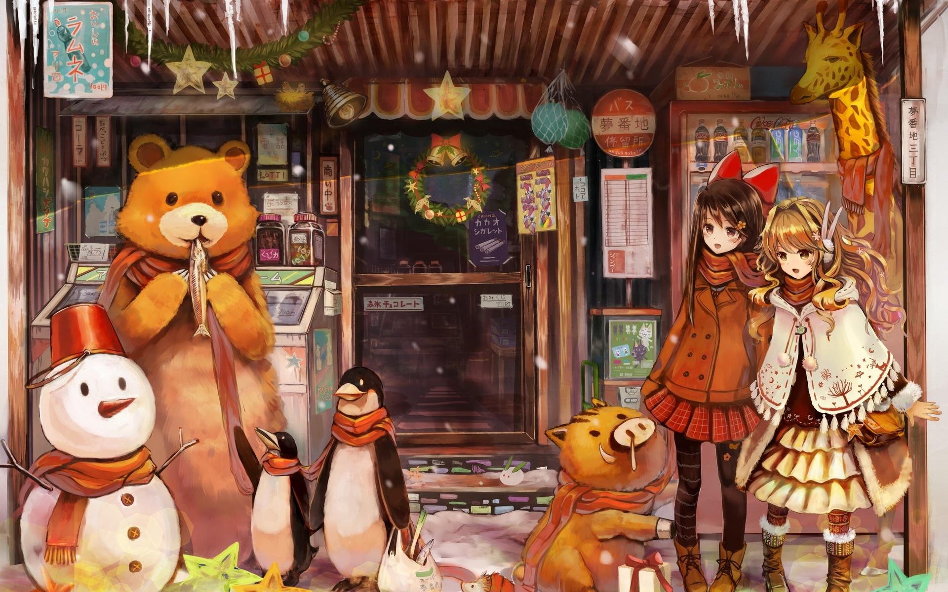 girls, Art, Anime, New, Year, Christmas, Gifts, Snowman, Bear Wallpaper