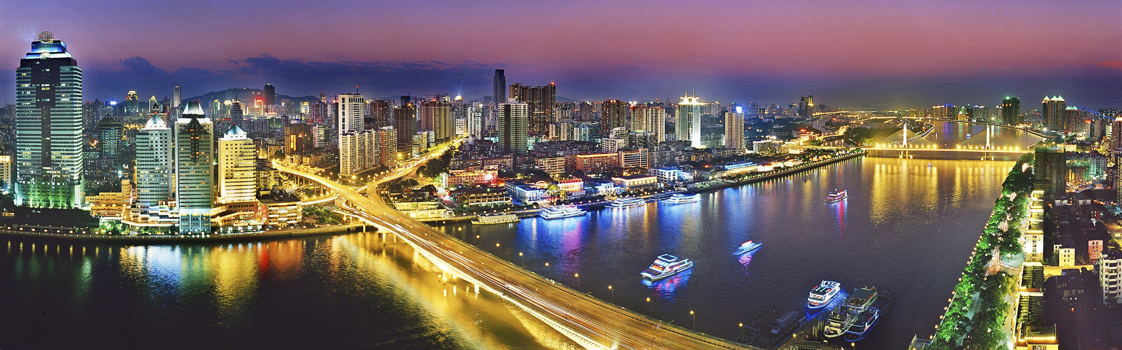 cityscapes, China, Ships, Bridges, Skyscrapers, City, Lights, Panorama, Rivers, Reflections Wallpaper