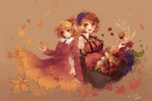 blondes, Video, Games, Touhou, Autumn, Dress, Fruits, Leaves, Goddess, Grapes, Red, Eyes, Short, Hair, Yellow, Eyes, Mountain, Of, Faith, Blush, Red, Dress, Sisters, Open, Mouth, Cereal, Pears, Aprons, Holding,