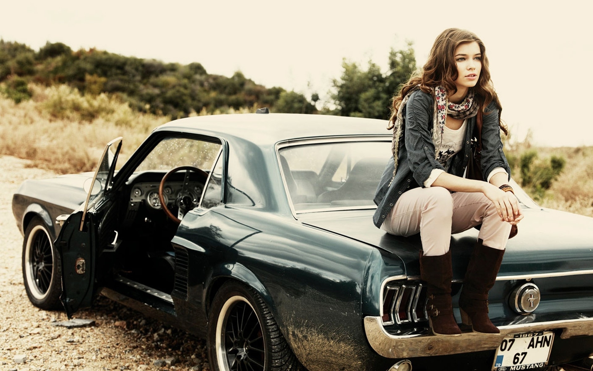 vehicles, Cars, Ford, Mustang, Classic, Muscle, Black, Wome, Model, Brunette Wallpaper
