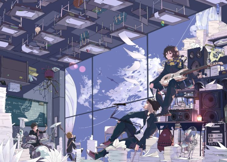 abstract, Speakers, School, Guitars, Drums, Artwork, Anime, Anime, Boys, Anime, Girls, Original, Characters HD Wallpaper Desktop Background