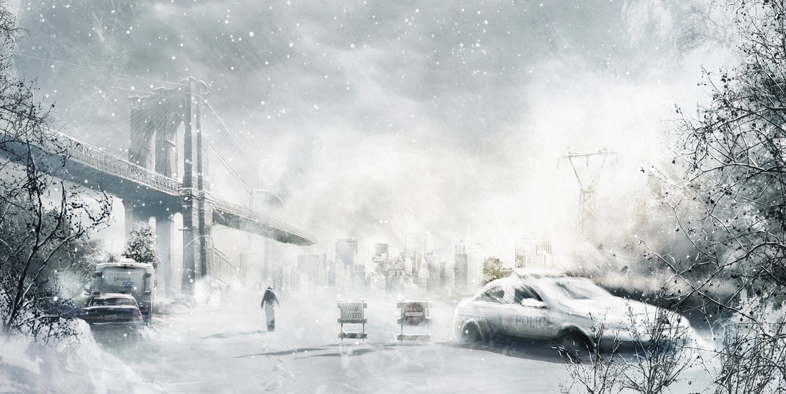 car, City, Snow, Man, Winter, Art, Police, Storm, Bridge Wallpaper