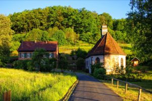 forest, Road, Green, Fence, Houses, Summer