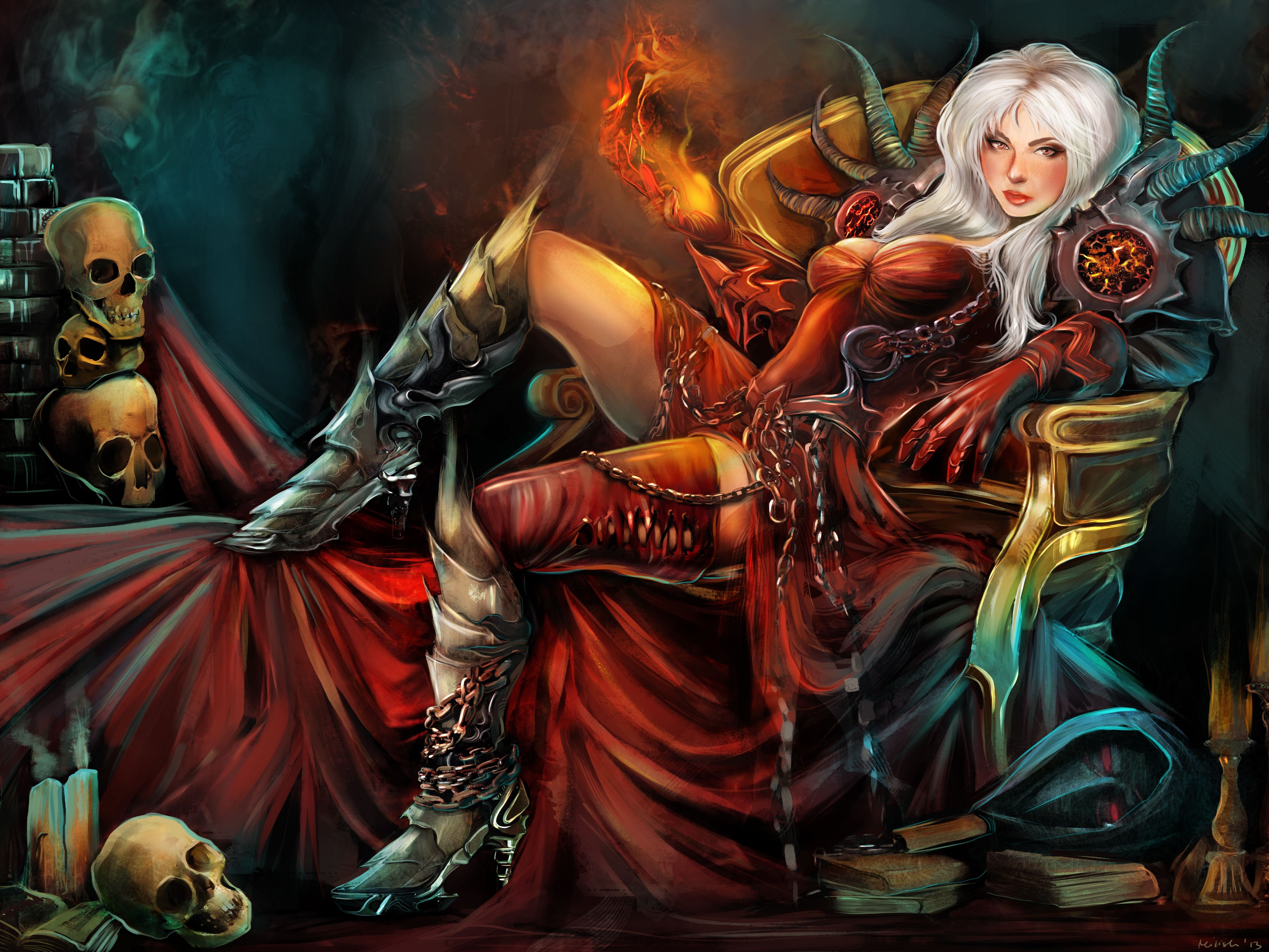 gothic, Magic, Skull, Warrior, Armor, Throne, Wearing, Boots, Fantasy, Girls Wallpaper