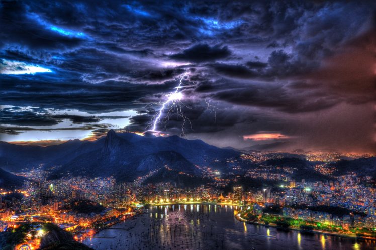 rio, De, Janeiro, Brazil, Night, Lightning HD Wallpaper Desktop Background
