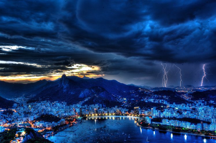 rio, De, Janeiro, Brazil, Night, Lightning HD Wallpaper Desktop Background
