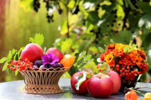 table, Apples, Fruit, Plums, Basket