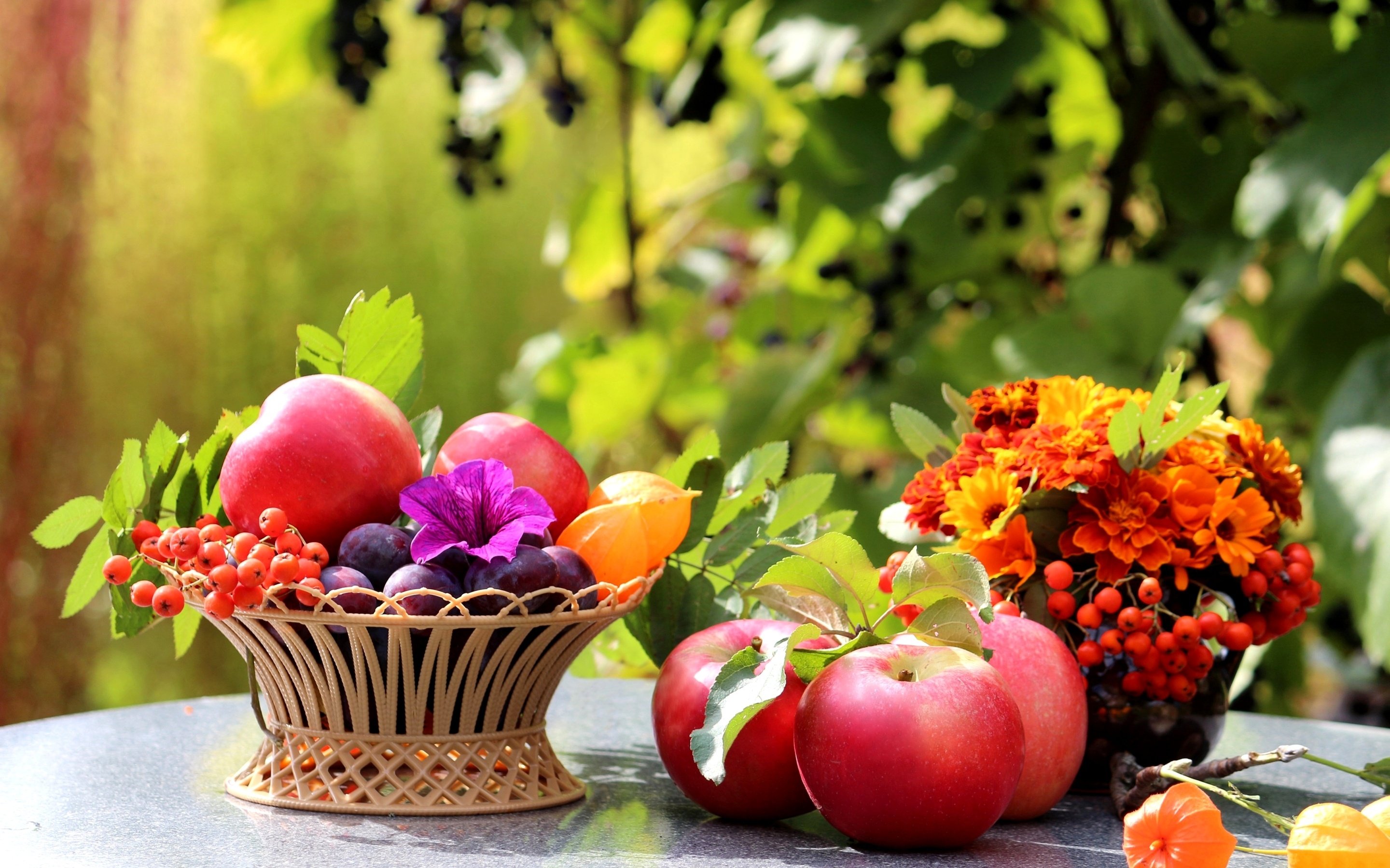 table, Apples, Fruit, Plums, Basket Wallpaper