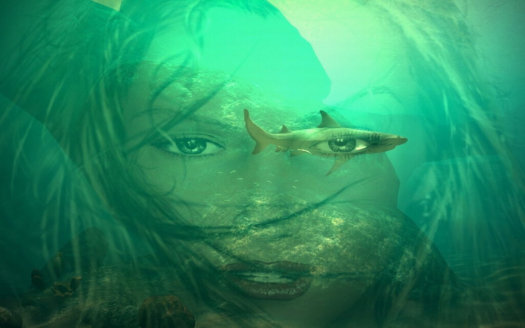 underwater, Fantasy, Face, Shark, Mood, Mermaid Wallpaper