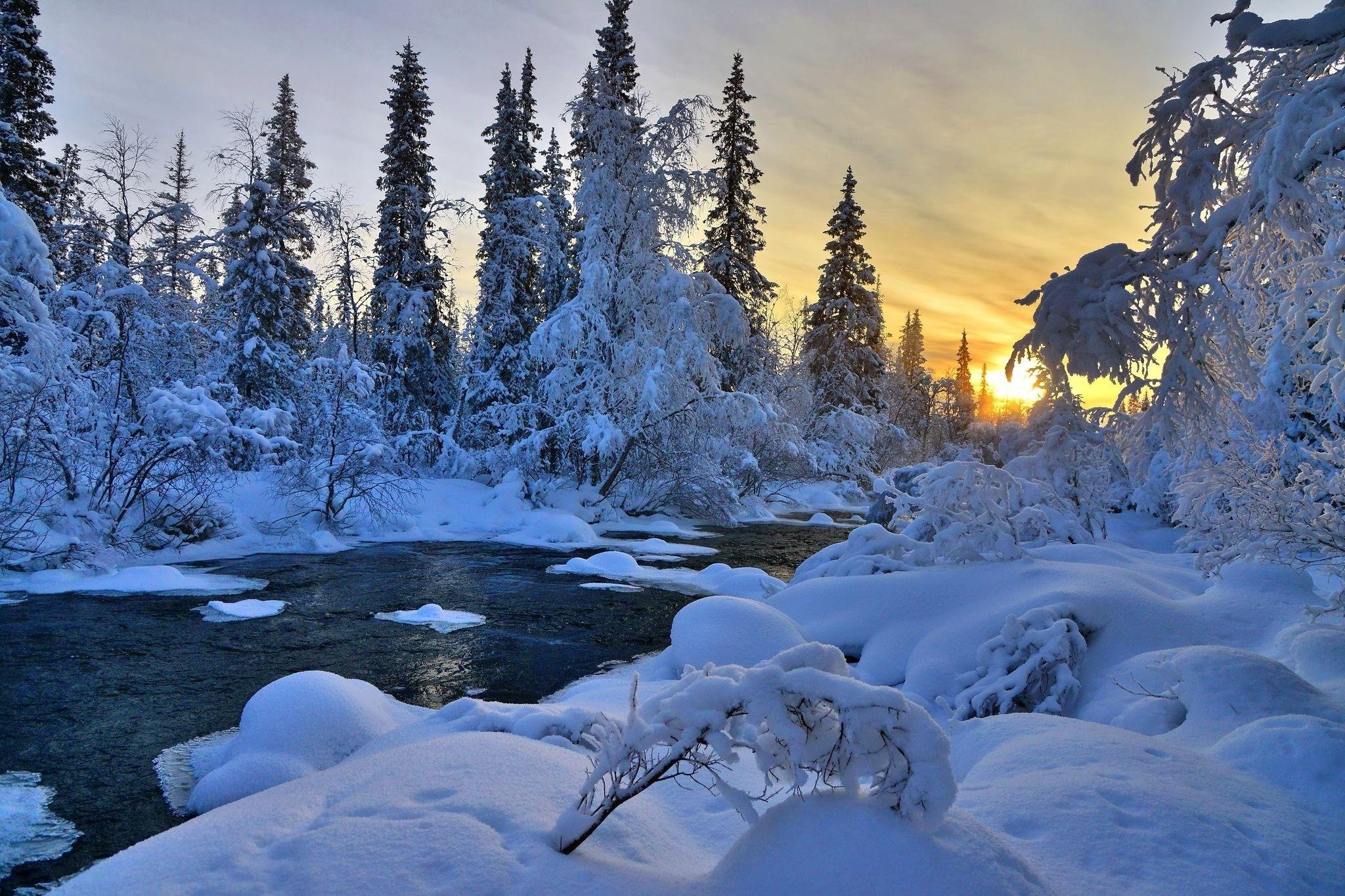 winter, River, Nature, Trees, Landscape Wallpaper