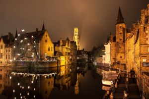brugge, Night, Lights, Buildings, Water, Canal, Reflection