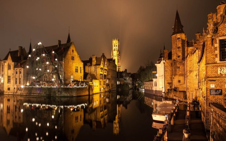 brugge, Night, Lights, Buildings, Water, Canal, Reflection HD Wallpaper Desktop Background