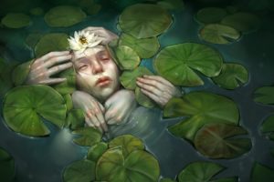 women, Water, Fantasy, Art, Artwork, Closed, Eyes, Lily, Pads, Water, Lilies