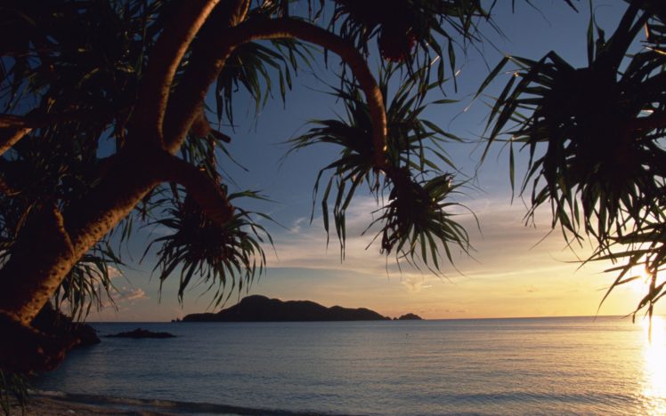 sunset, Clouds, Landscapes, Nature, Coast, Islands, Palm, Trees, Sea, Beaches HD Wallpaper Desktop Background