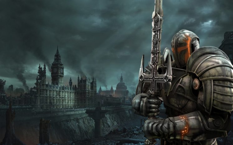 hellgate, London, Fantasy, Action, Sci fi, Warrior, Armor, City, Armor, Apocalyptic, Weapon, Sword HD Wallpaper Desktop Background