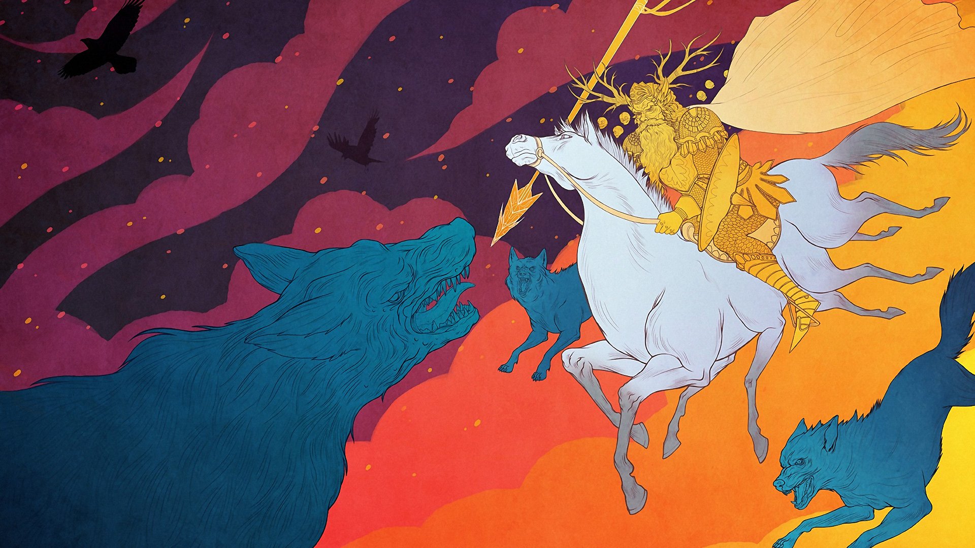 blue, White, Yellow, Pink, Birds, Purple, Horses, Odin, Wolves Wallpaper