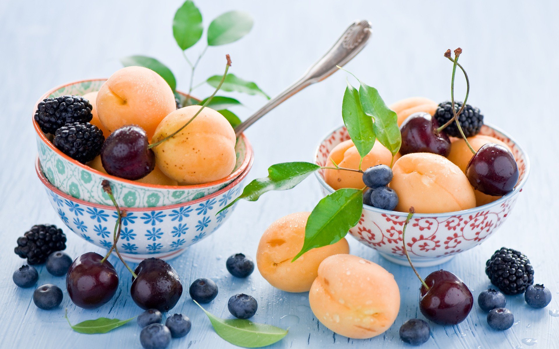 fruits, Peaches, Desserts, Cherries, Berries, Blueberries, White, Background, Blackberries Wallpaper