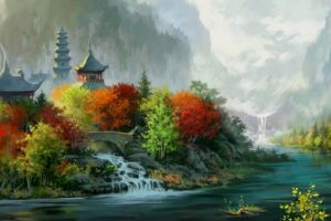 fantasy, Art, Painting, Asian, Oriental, Trees, Autumn, Fall, Rivers, Castle