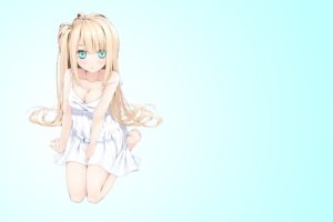 blondes, Blue, Eyes, Cleavage, Long, Hair, Barefoot, Gradient, Simple, Background, Anime, Girls, Sundress, Summer, Dress, Side, Ponytail, Original, Characters, Gradient, Background