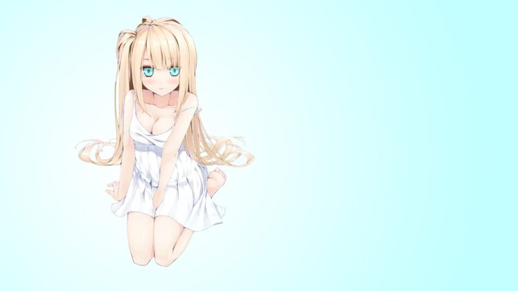 blondes, Blue, Eyes, Cleavage, Long, Hair, Barefoot, Gradient, Simple, Background, Anime, Girls, Sundress, Summer, Dress, Side, Ponytail, Original, Characters, Gradient, Background HD Wallpaper Desktop Background