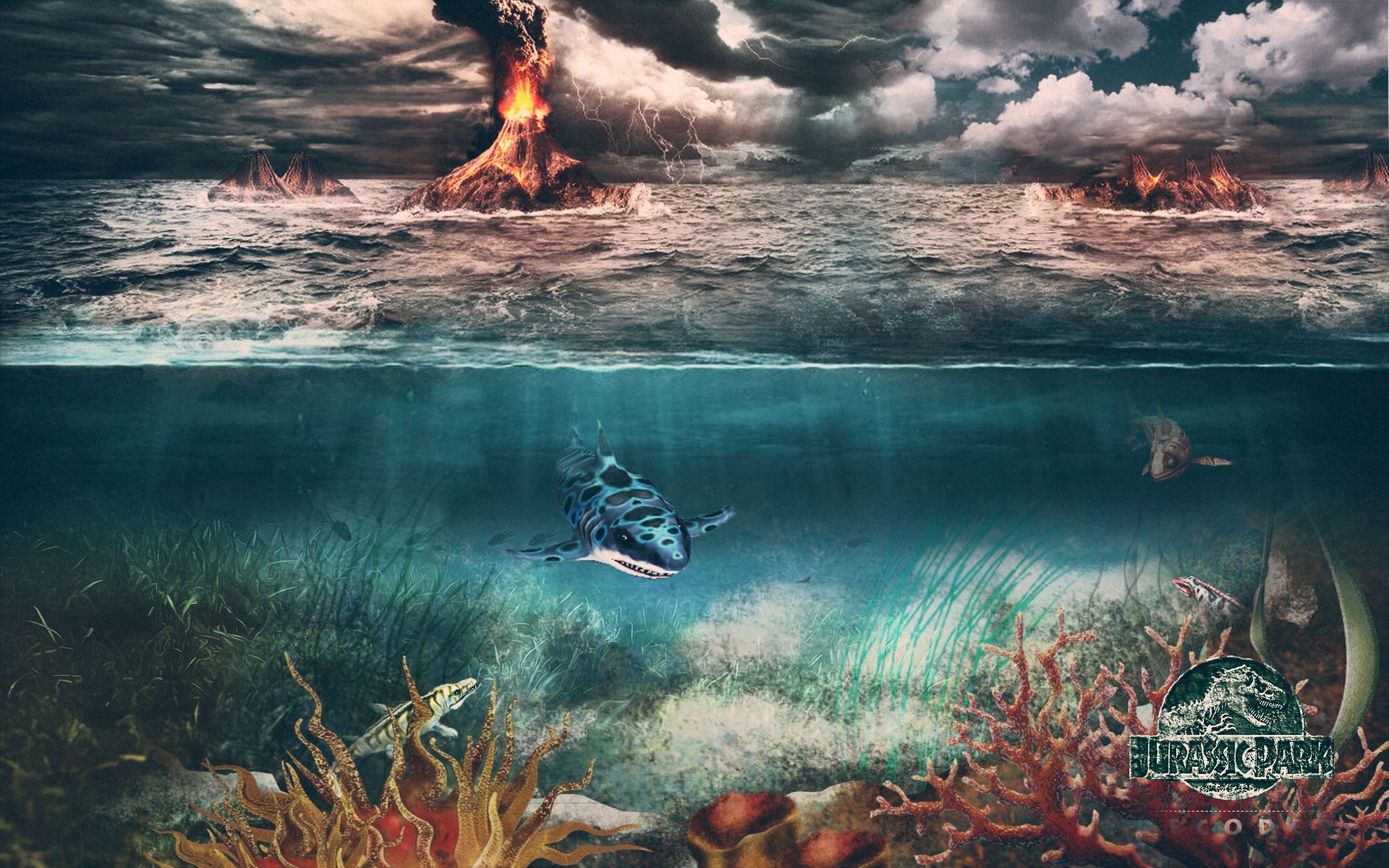 jurassic, Park, Adventure, Sci fi, Fantasy, Dinosaur, Movie, Film, Ocean, Sea, Volcano Wallpaper