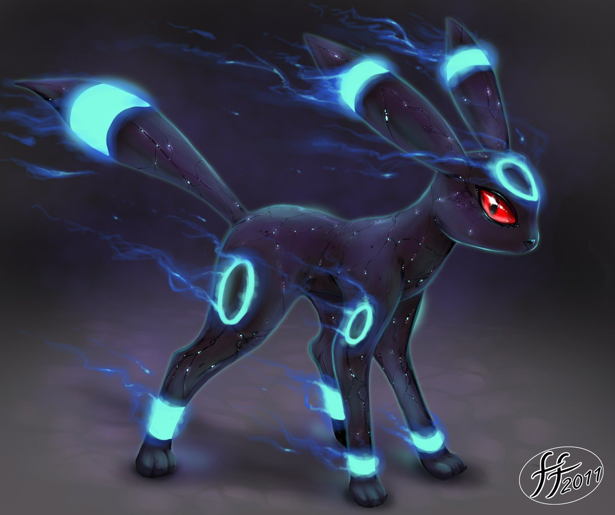 pokemon, Blue, Black, Lights, Tron, Red, Eyes, Umbreon, Neon, Smoke Wallpaper
