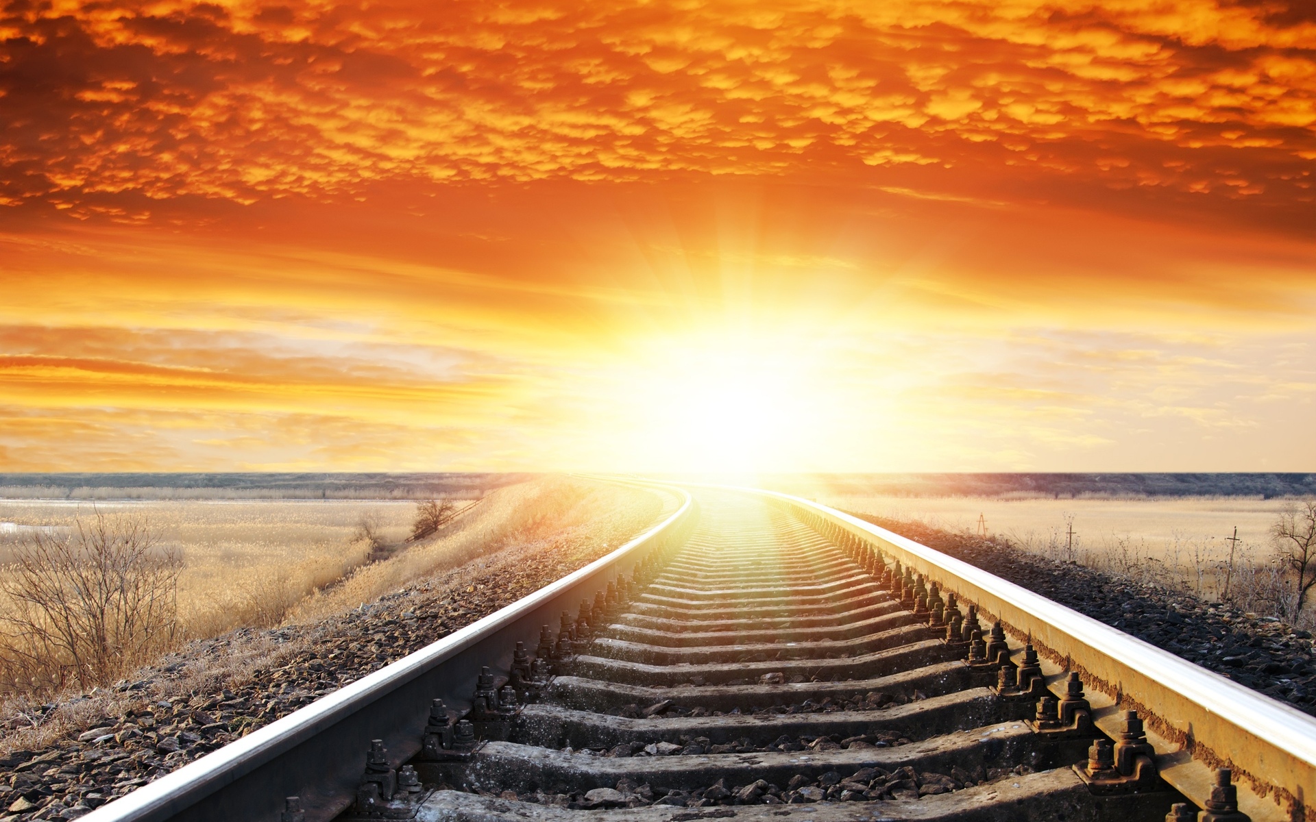 landscape, Sunset, Sunrise, Sky, Railroad, Tracks Wallpaper
