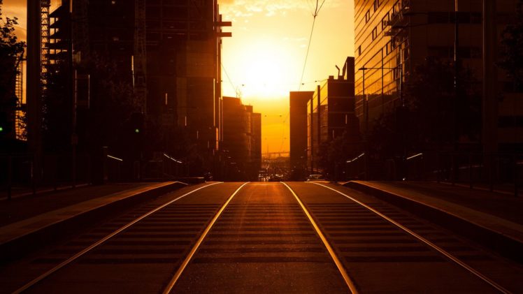 sunset, Sunrise, Landscapes, Sun, Cityscapes, Urban, Railroad, Tracks, Roads, Railroads HD Wallpaper Desktop Background