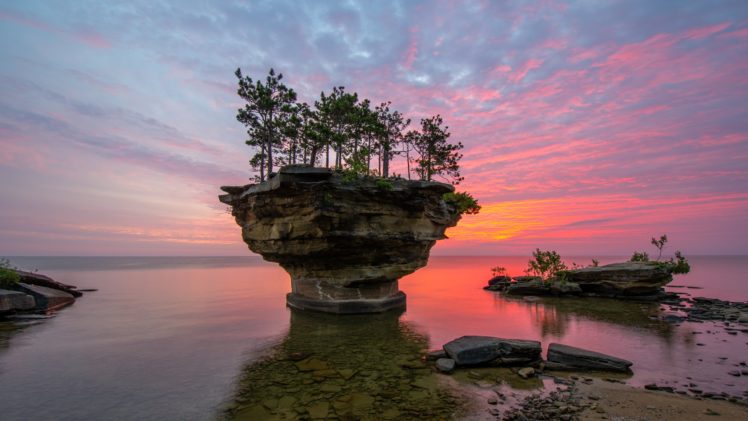 michigan, Lake, Huron, Sunset, Rock, Trees, Landscape HD Wallpaper Desktop Background
