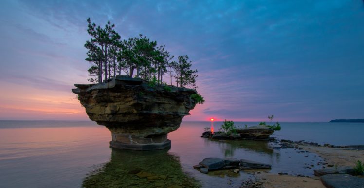 michigan, Lake, Huron, Sunset, Rock, Trees, Landscape HD Wallpaper Desktop Background