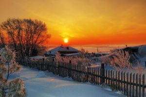 sunset, Winter, Village, House