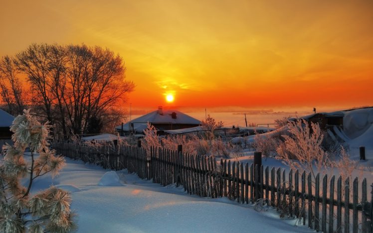 sunset, Winter, Village, House HD Wallpaper Desktop Background