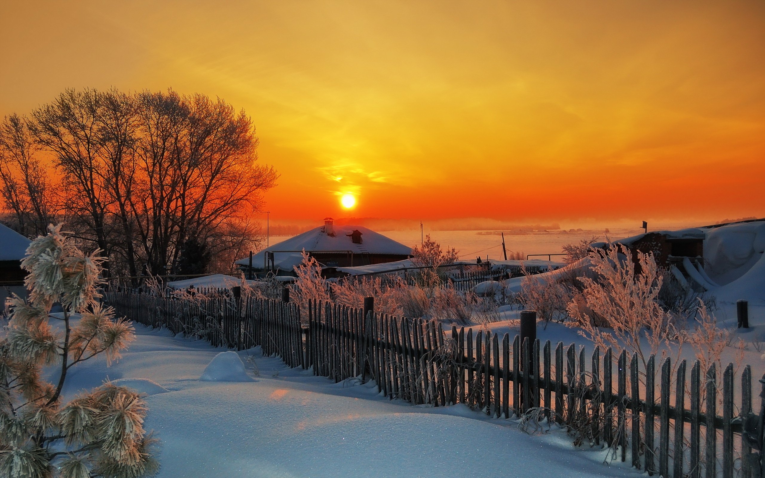 sunset, Winter, Village, House Wallpaper