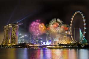 singapore, Fireworks, Buildings, Water, Reflection, Holiday