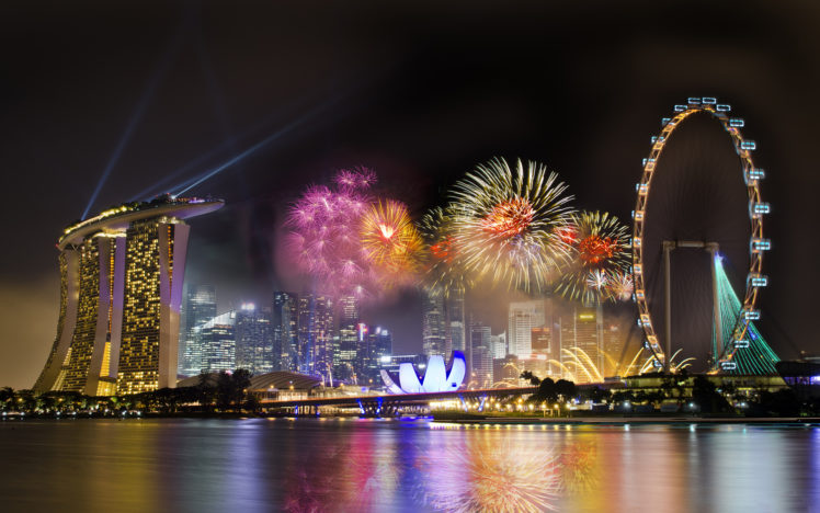 singapore, Fireworks, Buildings, Water, Reflection, Holiday HD Wallpaper Desktop Background