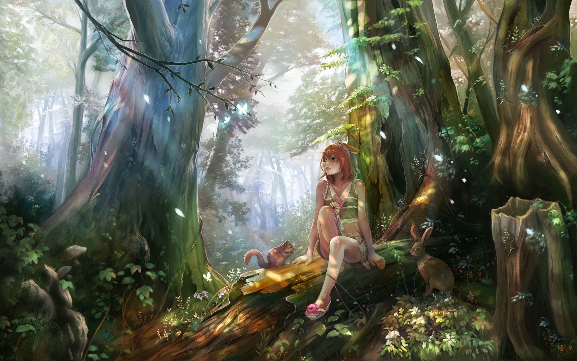 nature, Forest, Animals, Squirrels, Rabbits, Anime, Anime, Girls, Art, Fantasy Wallpaper