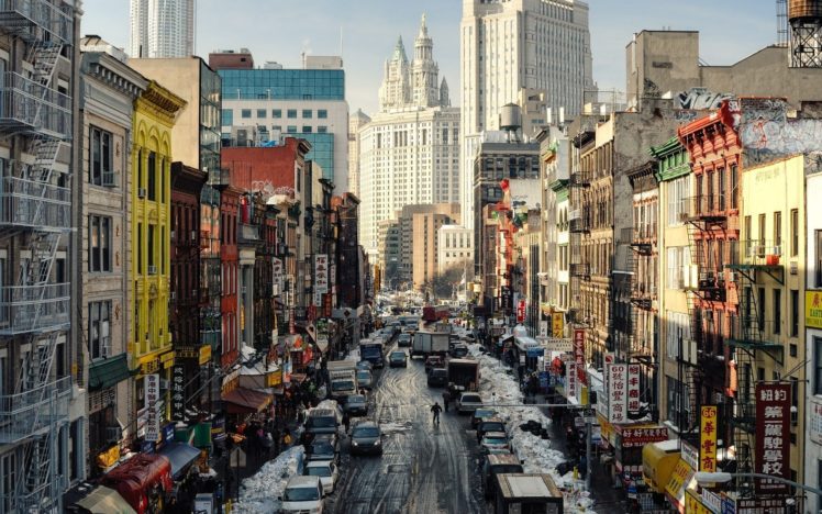 cityscapes, New, York, City, Chinatown, Street, Cars, Roads, People, Winter, Buildings HD Wallpaper Desktop Background