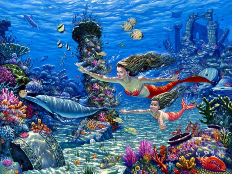 fantasy, Cg, Digital, Art, Mermaid, Ocean, Fish HD Wallpaper Desktop Background