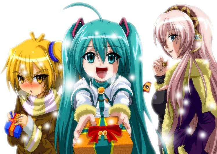 vocaloid, Gifts, Hair, Glance, Three, 3, Anime, Girls, Christmas HD Wallpaper Desktop Background
