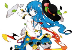 video, Games, Touhou, Flowers, Blue, Eyes, Fire, Fruits, Leaves, Skirts, Peaches, Stones, Long, Hair, Weapons, Blue, Hair, Hinanawi, Tenshi, Hats, Simple, Background, Ideolo, Sword, Of, Hisou, Looking, Back, Swo